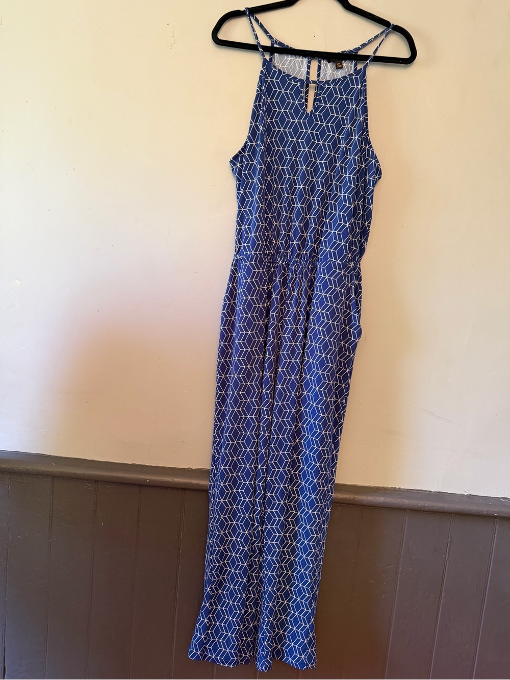 Blue Geometric Halter Jumpsuit with Pockets